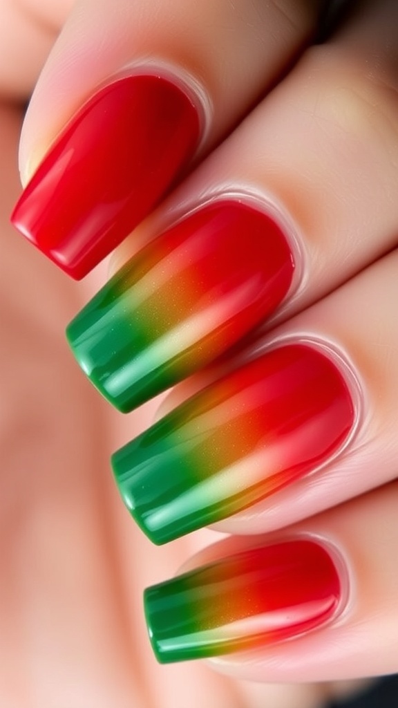 Christmas ombre nails with red and green gradient design, glossy finish.